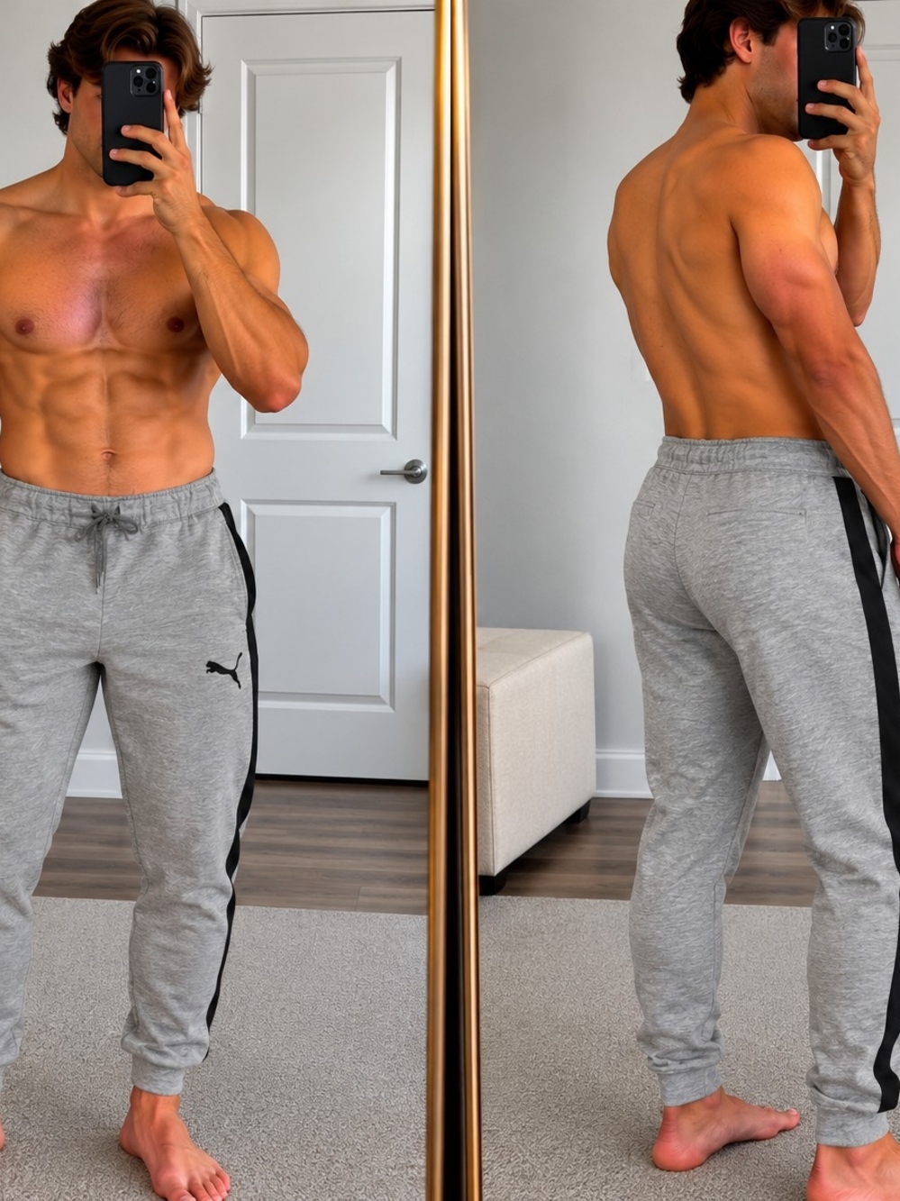 PUMA Men's Gray Jogger Sweatpants Black Side Stripe Size Small
